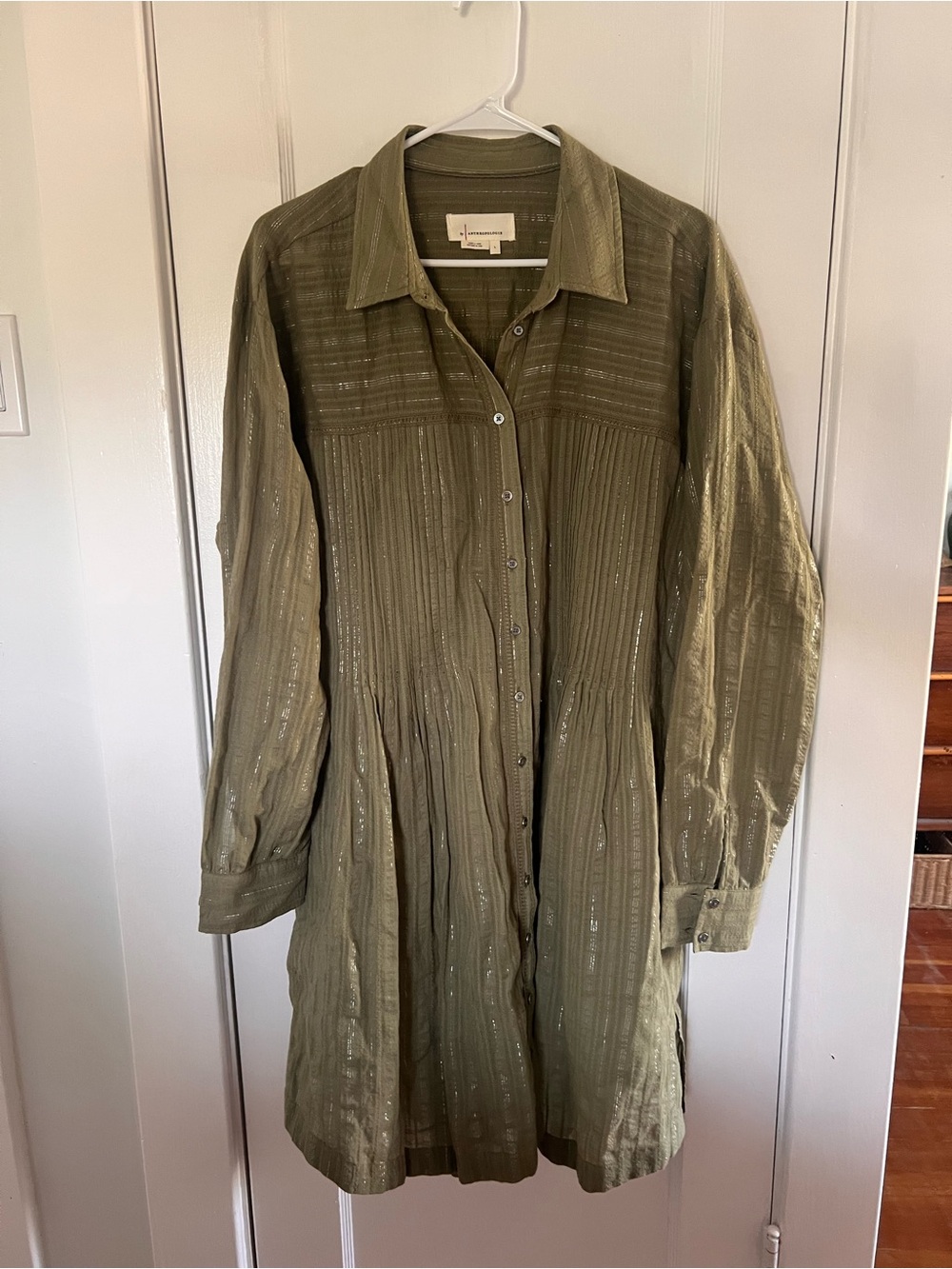 Anthropologie Olive Green Long-Sleeve Button-Front Shirt Dress
